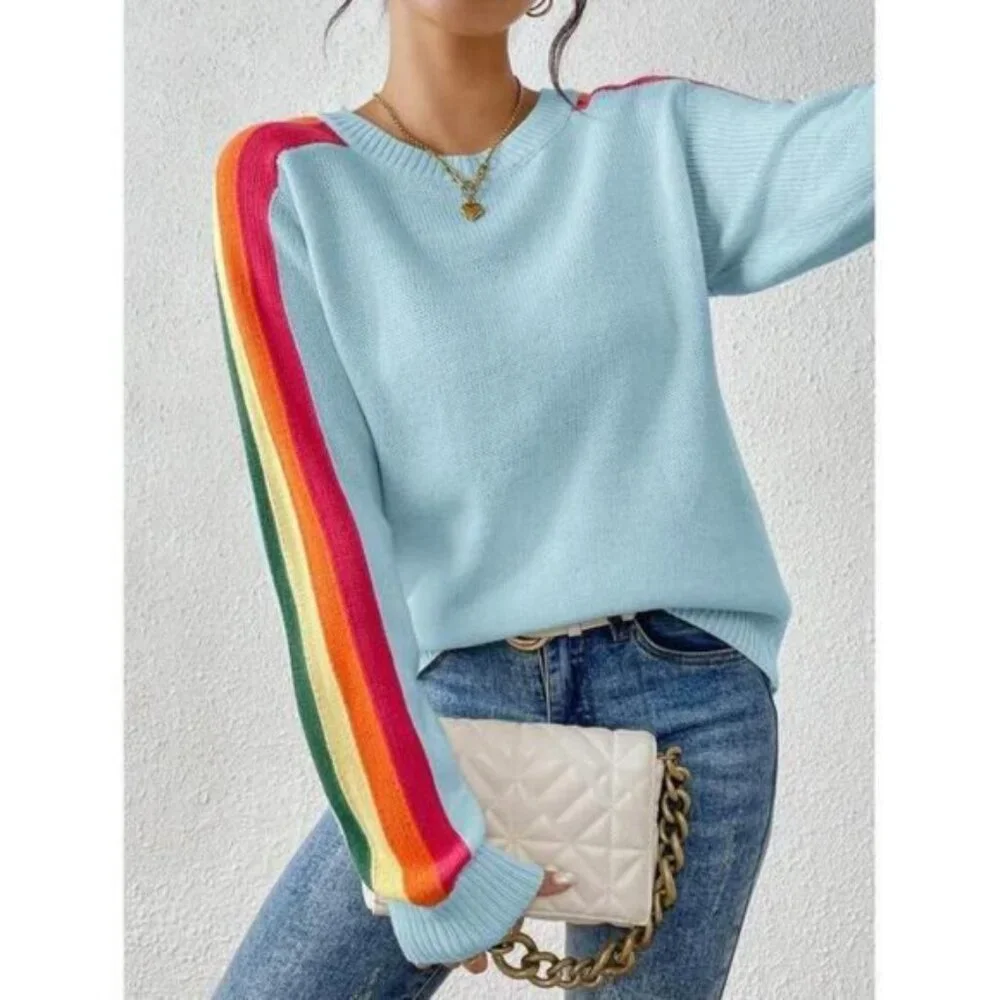 Women's Colorful Rainbow Striped Casual Crewneck Sweater Long-SleeveTops - Picture 5 of 6